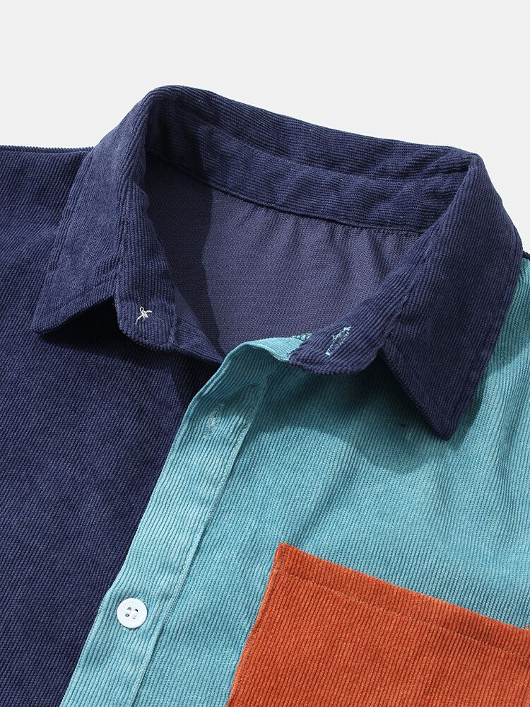 Camisas De Manga Corta De Pana Con Solapa Y Patchwork De Bloques De Color Para Hombre