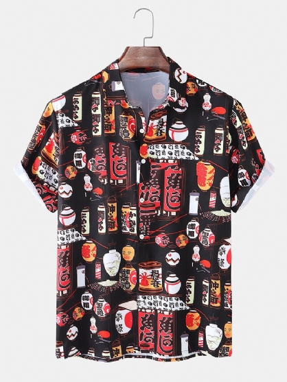 Camisas De Manga Corta De Solapa Con Estampado De Linterna Oriental Para Hombre