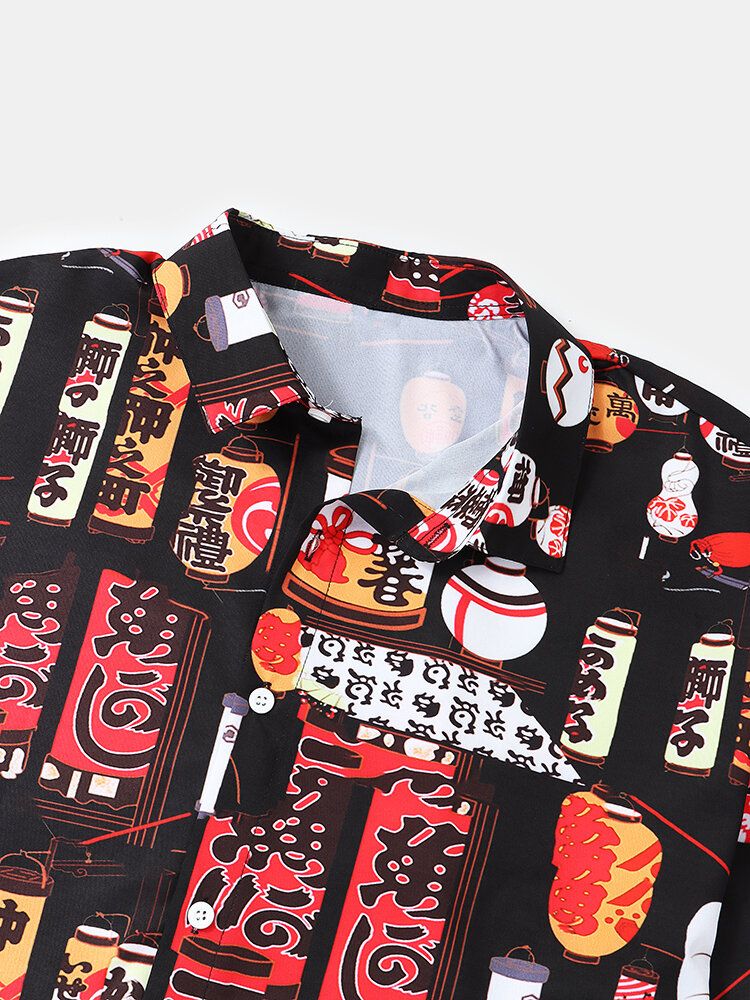 Camisas De Manga Corta De Solapa Con Estampado De Linterna Oriental Para Hombre