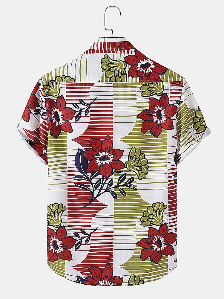 Camisas De Manga Corta De Vacaciones Con Bolsillo En El Pecho Con Estampado Floral A Rayas Para Hombre