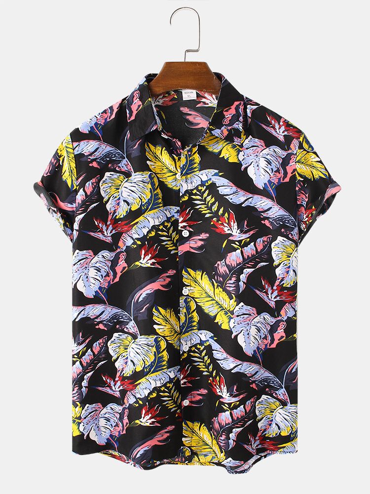 Camisas De Manga Corta De Vacaciones Con Solapa Y Estampado De Hojas Tropicales Coloridas Para Hombre