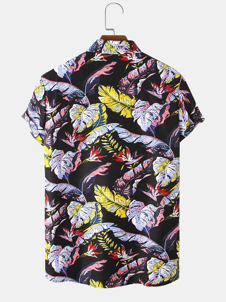 Camisas De Manga Corta De Vacaciones Con Solapa Y Estampado De Hojas Tropicales Coloridas Para Hombre