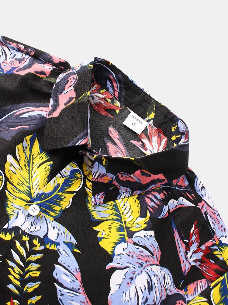 Camisas De Manga Corta De Vacaciones Con Solapa Y Estampado De Hojas Tropicales Coloridas Para Hombre