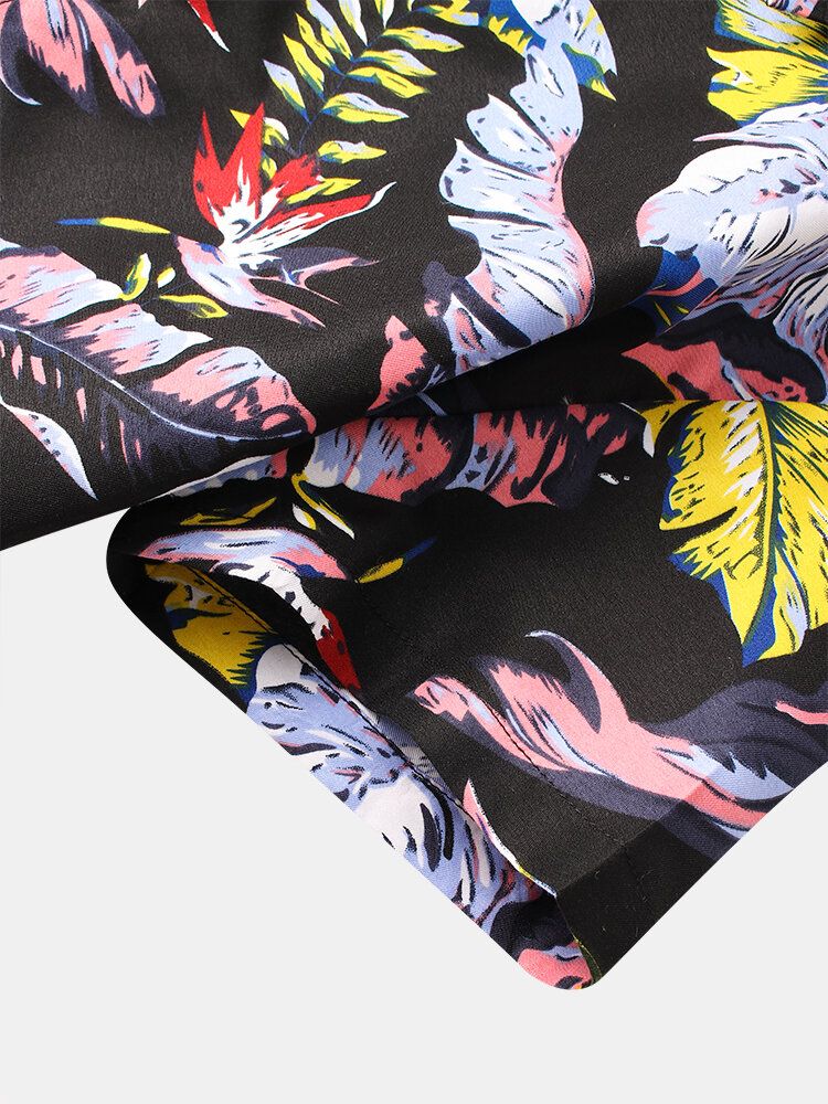 Camisas De Manga Corta De Vacaciones Con Solapa Y Estampado De Hojas Tropicales Coloridas Para Hombre