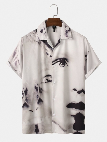 Camisas De Manga Corta Vintage Con Cuello Reverente Y Estampado De Rostro En Toda La Figura Para Hombre