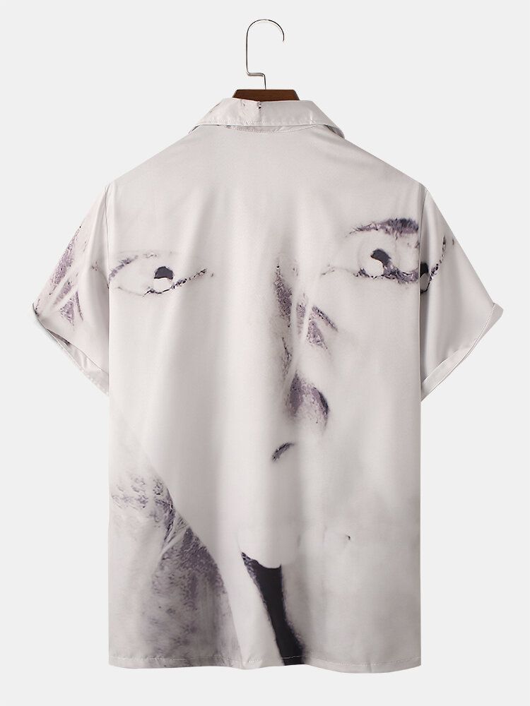 Camisas De Manga Corta Vintage Con Cuello Reverente Y Estampado De Rostro En Toda La Figura Para Hombre