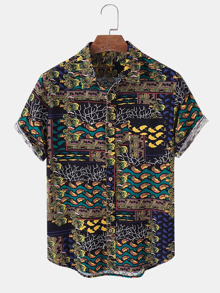 Camisas De Manga Corta Vintage Con Estampado Abstracto 100% Algodón Para Hombre