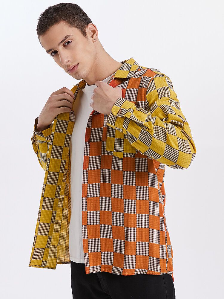 Camisas De Manga Larga De Algodón 100% Patchwork A Cuadros De Cuadros Para Hombre