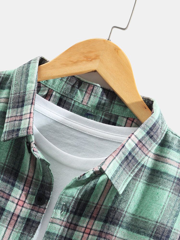 Camisas De Manga Larga De Algodón Con Solapa Y Botones A Cuadros Para Hombre Con Bolsillo