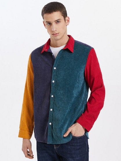 Camisas De Manga Larga Casuales De Solapa De Patchwork Multicolor De Pana Para Hombre