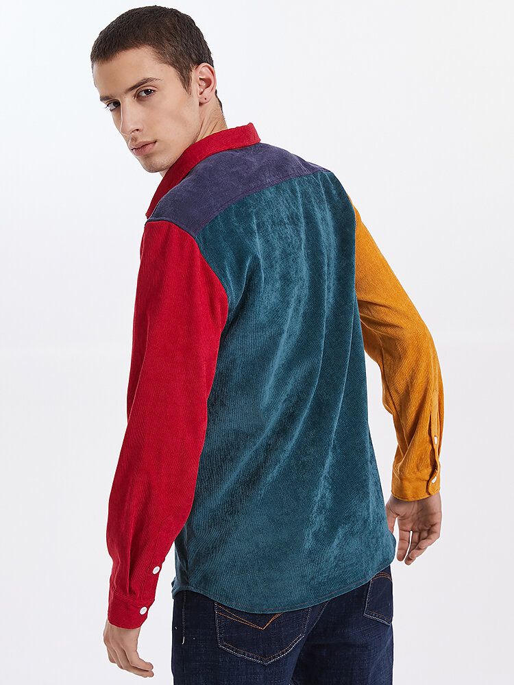 Camisas De Manga Larga Casuales De Solapa De Patchwork Multicolor De Pana Para Hombre