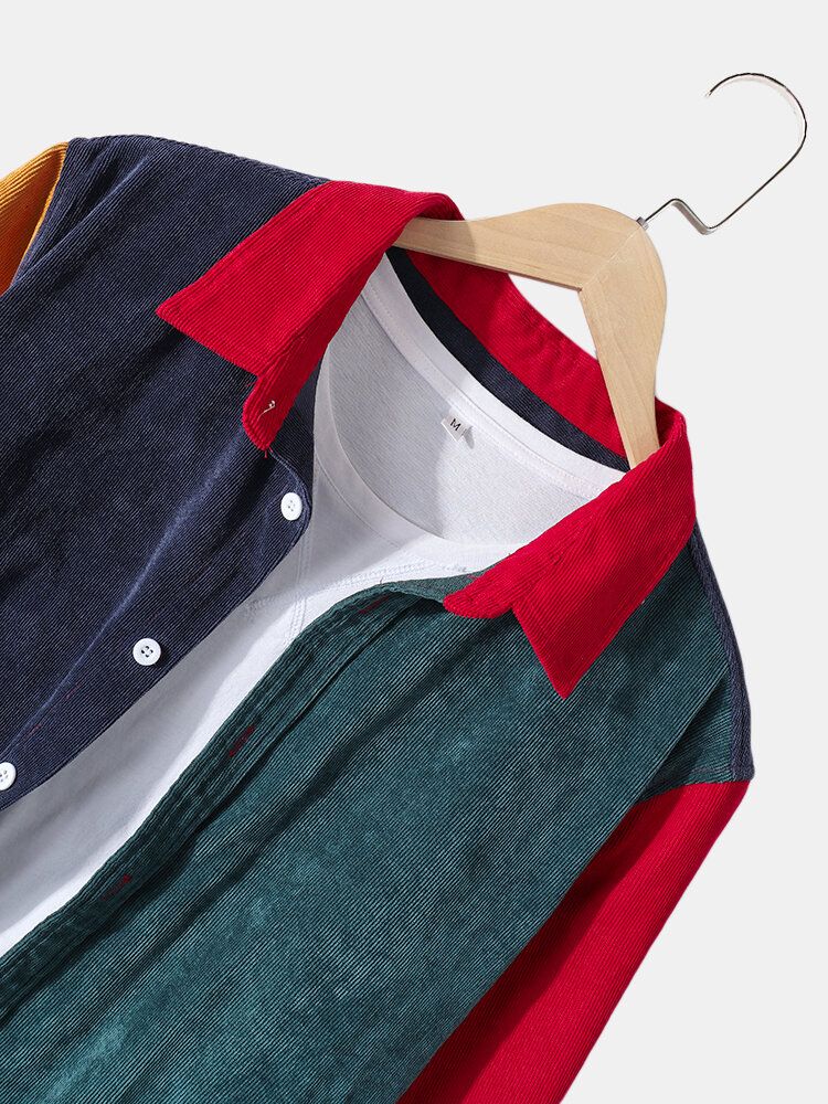 Camisas De Manga Larga Casuales De Solapa De Patchwork Multicolor De Pana Para Hombre