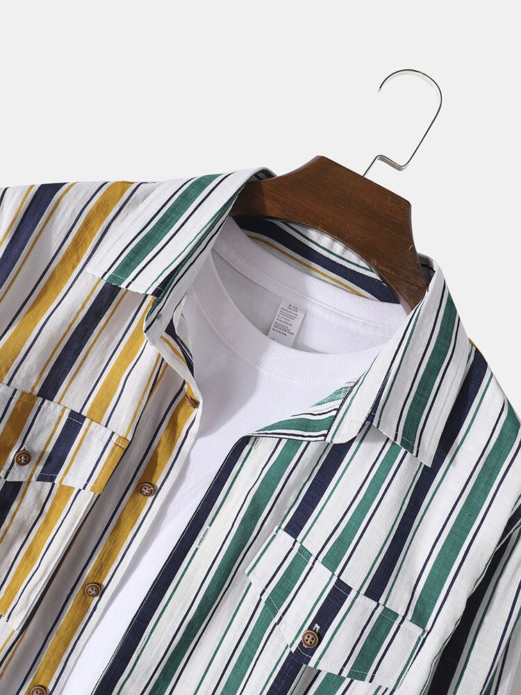 Camisas De Manga Larga Con Solapa Y Solapa De Rayas De Colores Para Hombre Con Bolsillo Con Solapa