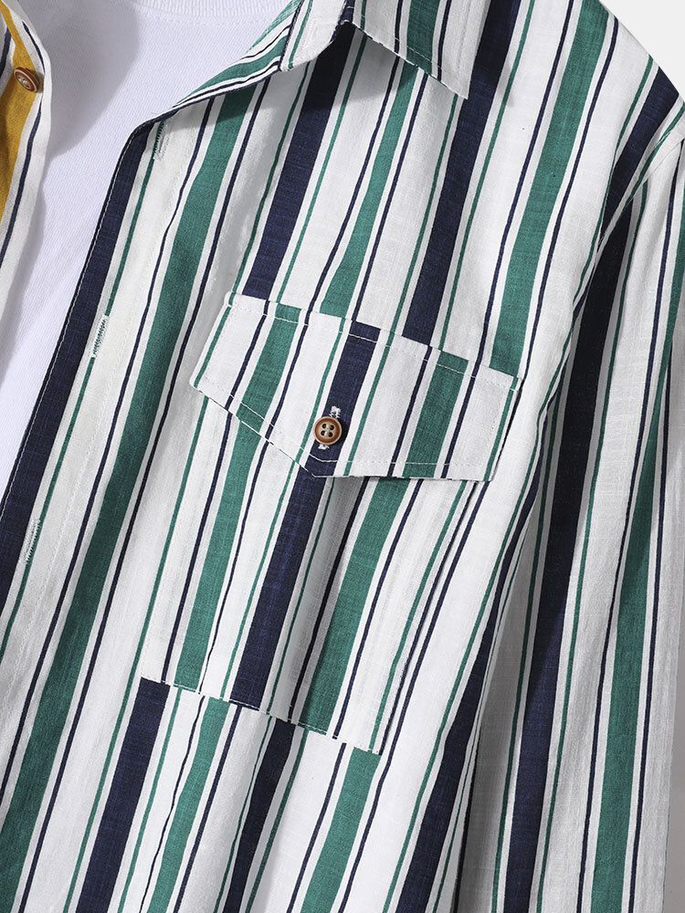 Camisas De Manga Larga Con Solapa Y Solapa De Rayas De Colores Para Hombre Con Bolsillo Con Solapa