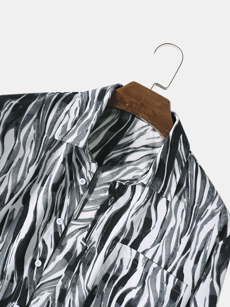 Camisas De Manga Larga Navideñas Con Botones Y Estampado De Ondas Abstractas Para Hombre Con Bolsillo