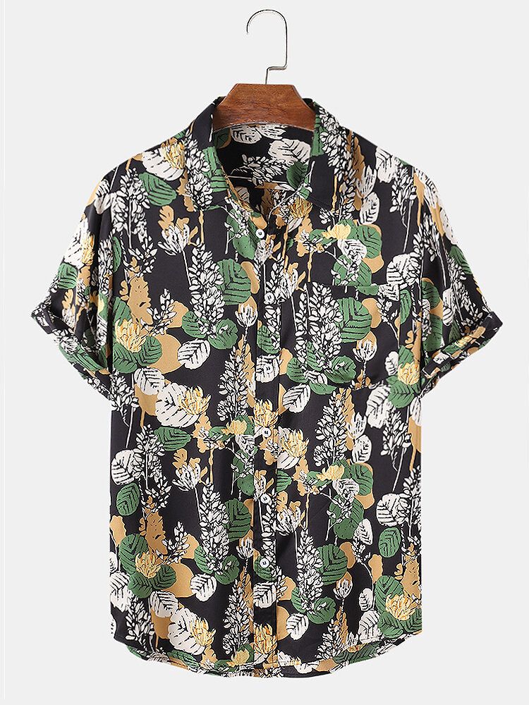 Camisas Navideñas De Manga Corta Con Bolsillo En El Pecho Con Estampado De Hojas De Plantas Tropicales Para Hombre