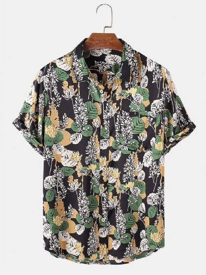 Camisas Navideñas De Manga Corta Con Bolsillo En El Pecho Con Estampado De Hojas De Plantas Tropicales Para Hombre