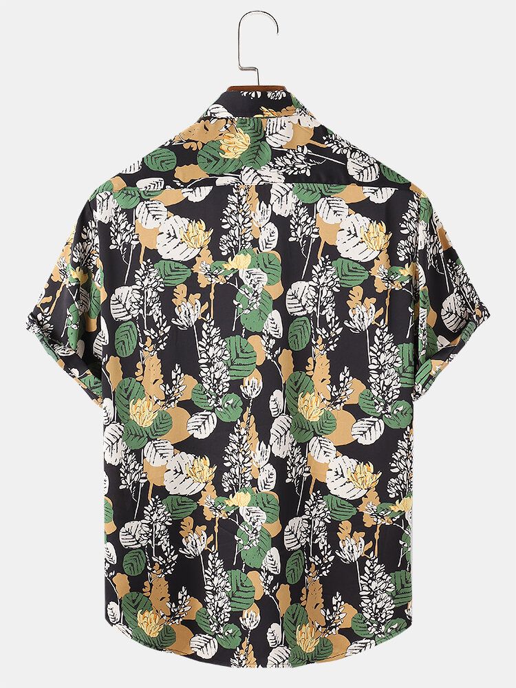 Camisas Navideñas De Manga Corta Con Bolsillo En El Pecho Con Estampado De Hojas De Plantas Tropicales Para Hombre