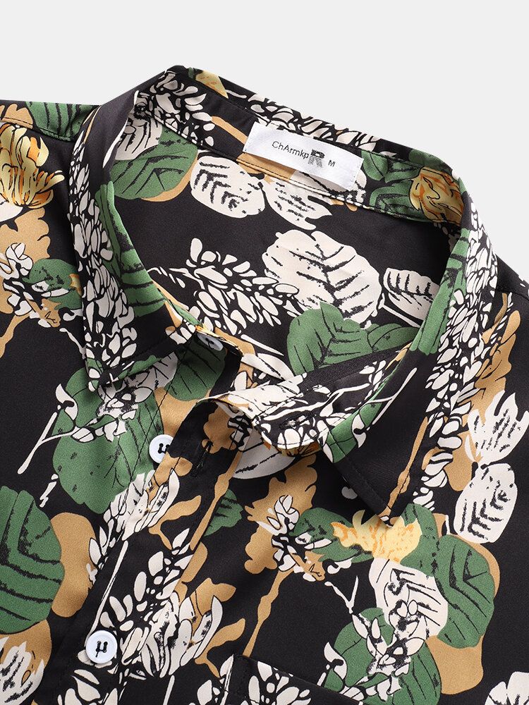 Camisas Navideñas De Manga Corta Con Bolsillo En El Pecho Con Estampado De Hojas De Plantas Tropicales Para Hombre