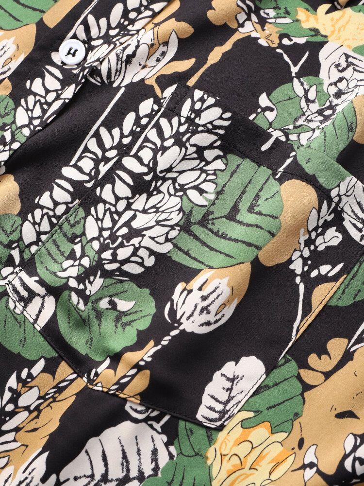 Camisas Navideñas De Manga Corta Con Bolsillo En El Pecho Con Estampado De Hojas De Plantas Tropicales Para Hombre