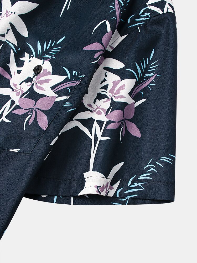 Camisas Navideñas De Manga Corta Con Estampado Floral Para Hombre Con Bolsillo En El Pecho