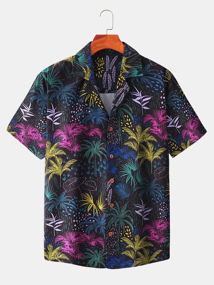 Camisas Navideñas De Manga Corta Con Estampado De Plantas De Colores Tropicales Para Hombre