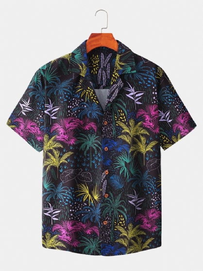 Camisas Navideñas De Manga Corta Con Estampado De Plantas De Colores Tropicales Para Hombre