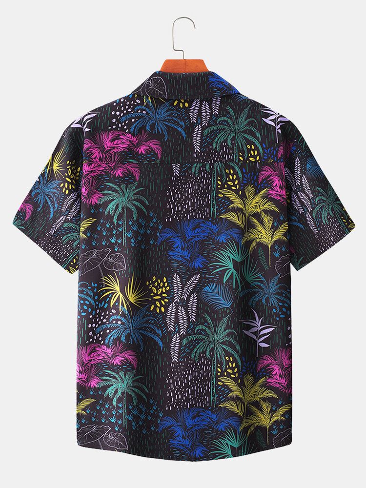 Camisas Navideñas De Manga Corta Con Estampado De Plantas De Colores Tropicales Para Hombre