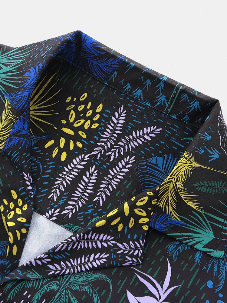 Camisas Navideñas De Manga Corta Con Estampado De Plantas De Colores Tropicales Para Hombre