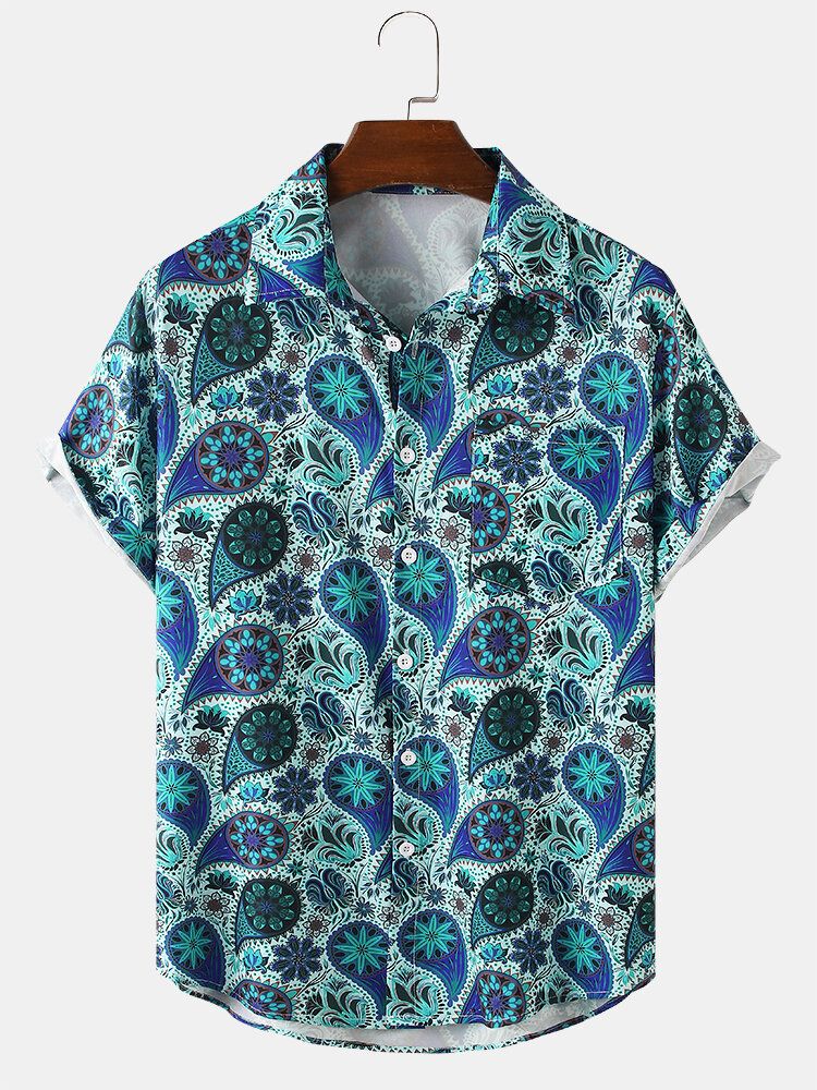 Camisas Navideñas De Manga Corta Con Solapa Y Estampado Floral De Paisley Para Hombre