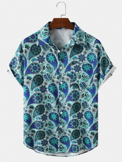 Camisas Navideñas De Manga Corta Con Solapa Y Estampado Floral De Paisley Para Hombre