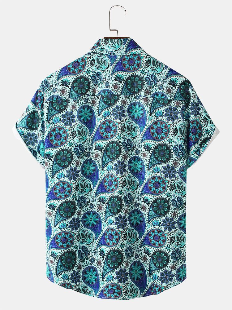 Camisas Navideñas De Manga Corta Con Solapa Y Estampado Floral De Paisley Para Hombre