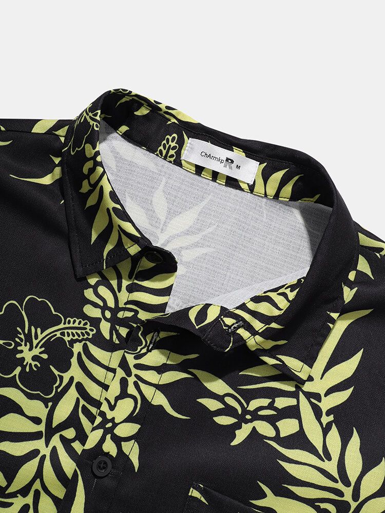 Camisas Navideñas De Manga Corta Con Solapa Y Estampado Floral Para Hombre