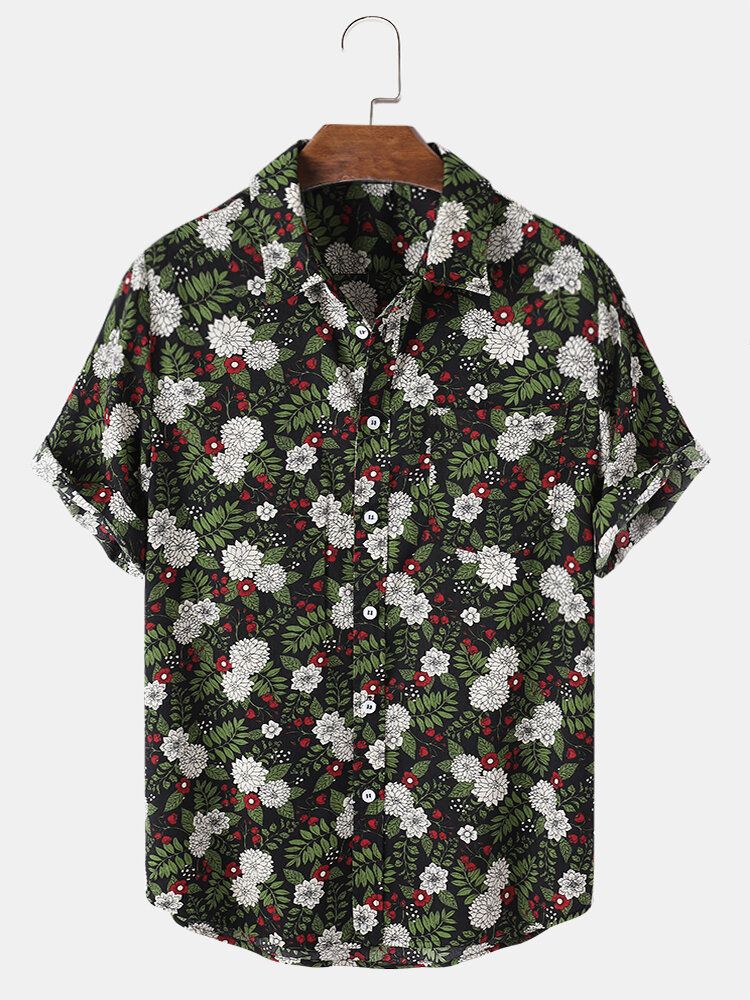 Camisas Navideñas De Manga Corta Con Solapa Y Estampado Floral De Plantas Tropicales Para Hombre