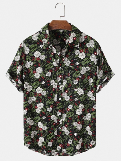 Camisas Navideñas De Manga Corta Con Solapa Y Estampado Floral De Plantas Tropicales Para Hombre