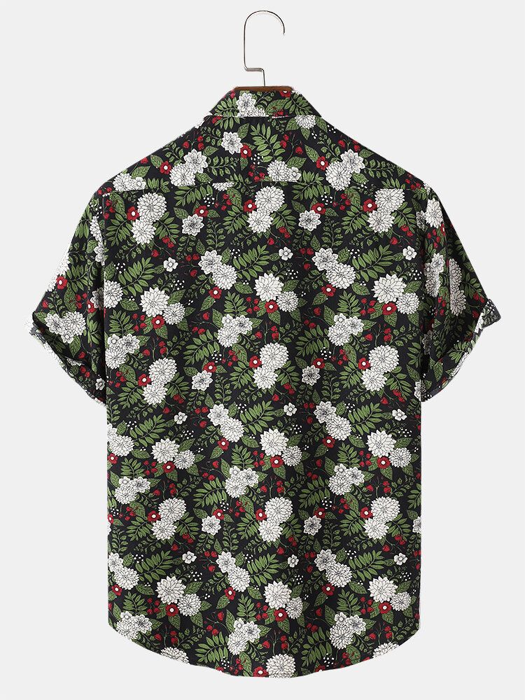 Camisas Navideñas De Manga Corta Con Solapa Y Estampado Floral De Plantas Tropicales Para Hombre