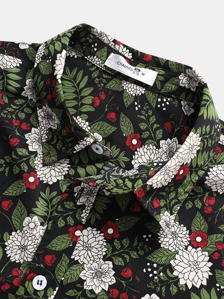 Camisas Navideñas De Manga Corta Con Solapa Y Estampado Floral De Plantas Tropicales Para Hombre