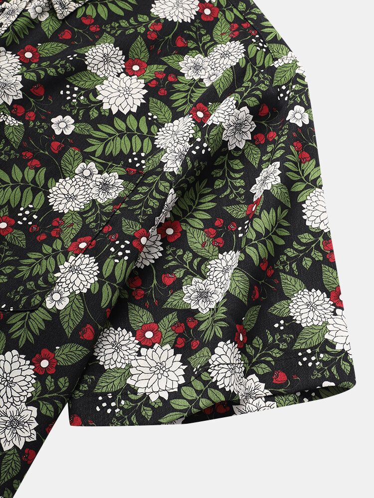 Camisas Navideñas De Manga Corta Con Solapa Y Estampado Floral De Plantas Tropicales Para Hombre