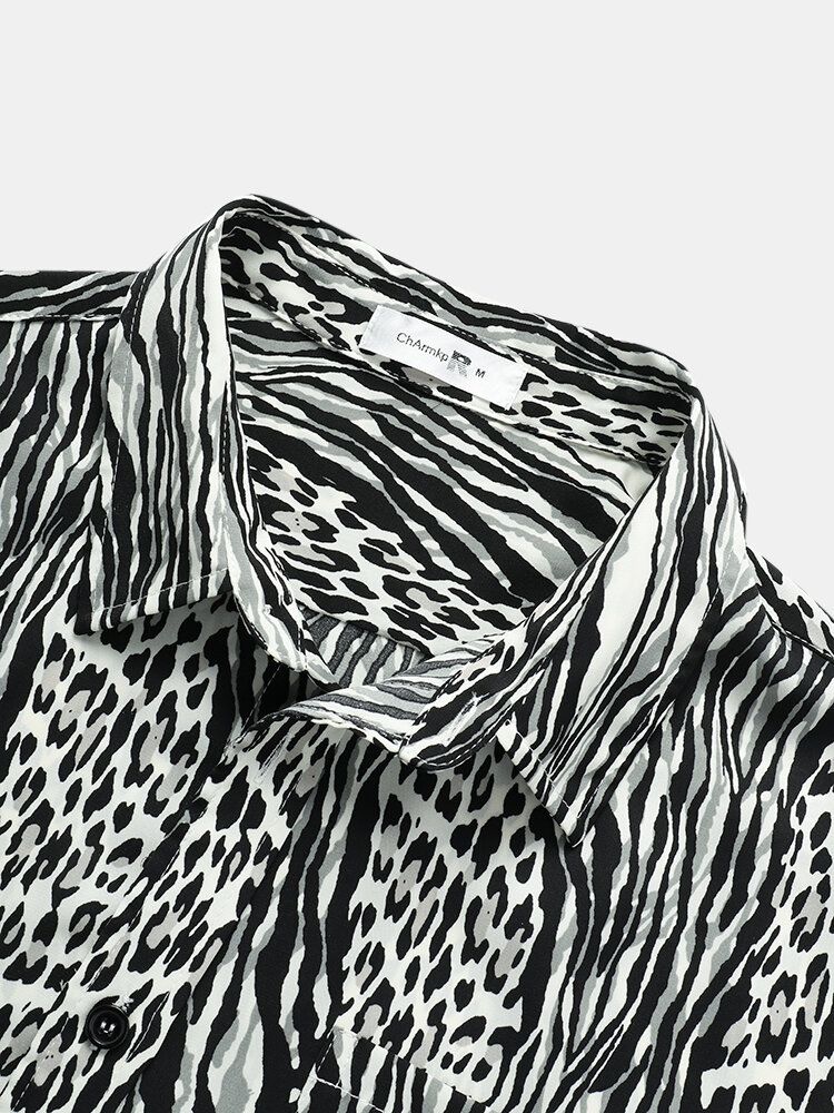 Camisas Navideñas De Manga Corta Con Solapa Y Estampado De Leopardo Para Hombre