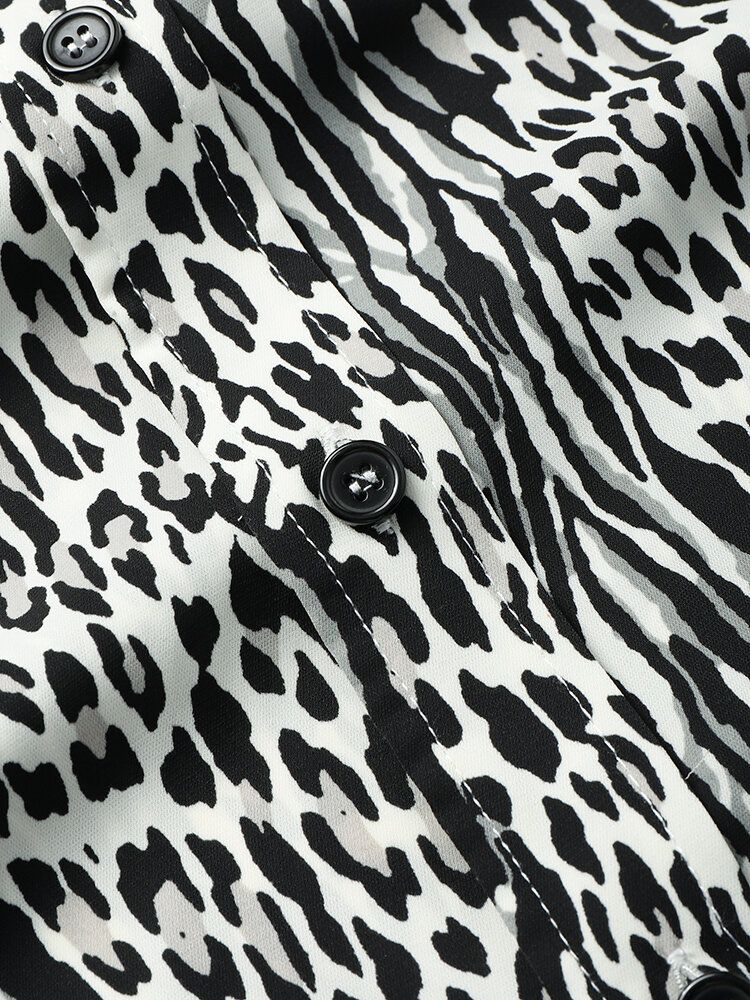 Camisas Navideñas De Manga Corta Con Solapa Y Estampado De Leopardo Para Hombre