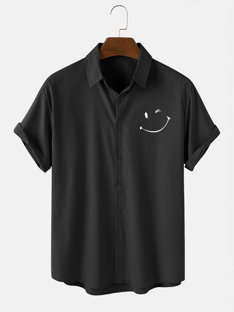 Camisas De Solapa De Manga Corta Con Estampado De Emojis De Sonrisa Para Hombre