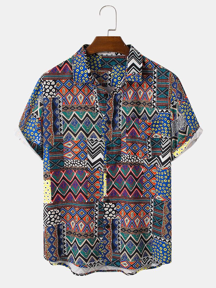 Camisas Vintage De Manga Corta Con Solapa Y Estampado De Geometría Tribal Para Hombre