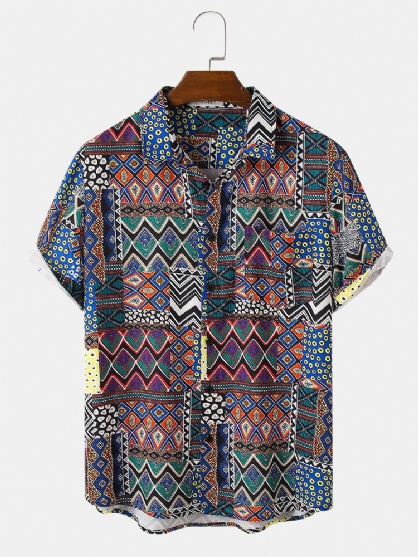 Camisas Vintage De Manga Corta Con Solapa Y Estampado De Geometría Tribal Para Hombre