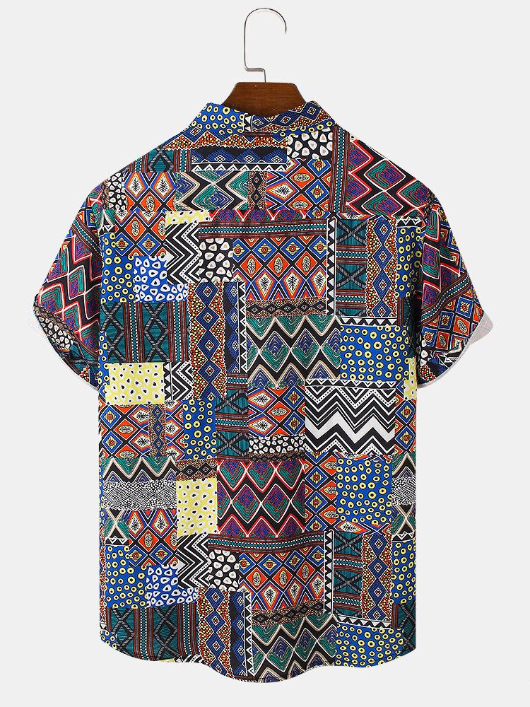 Camisas Vintage De Manga Corta Con Solapa Y Estampado De Geometría Tribal Para Hombre