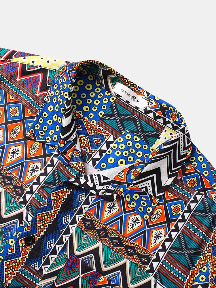 Camisas Vintage De Manga Corta Con Solapa Y Estampado De Geometría Tribal Para Hombre