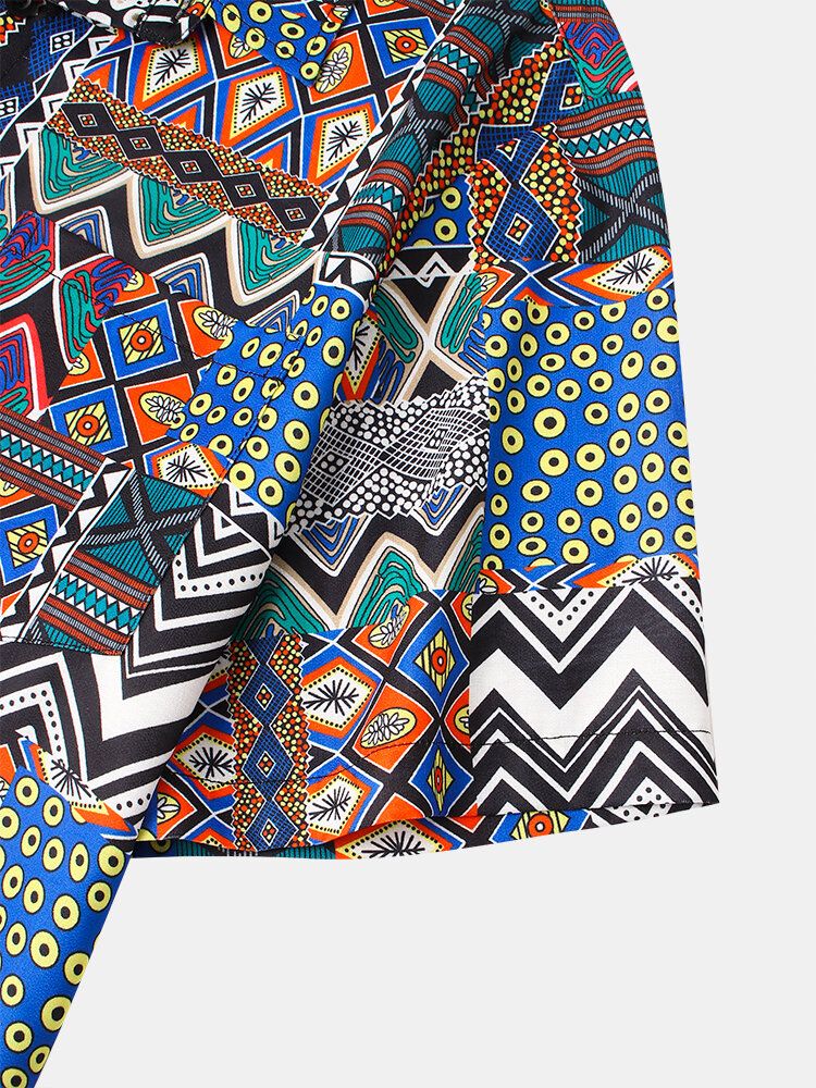 Camisas Vintage De Manga Corta Con Solapa Y Estampado De Geometría Tribal Para Hombre