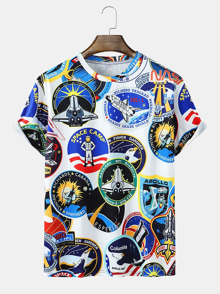 Camiseta De Manga Corta Con Cuello Redondo Y Estampado De Astronauta De Avión De Dibujos Animados Para Hombre