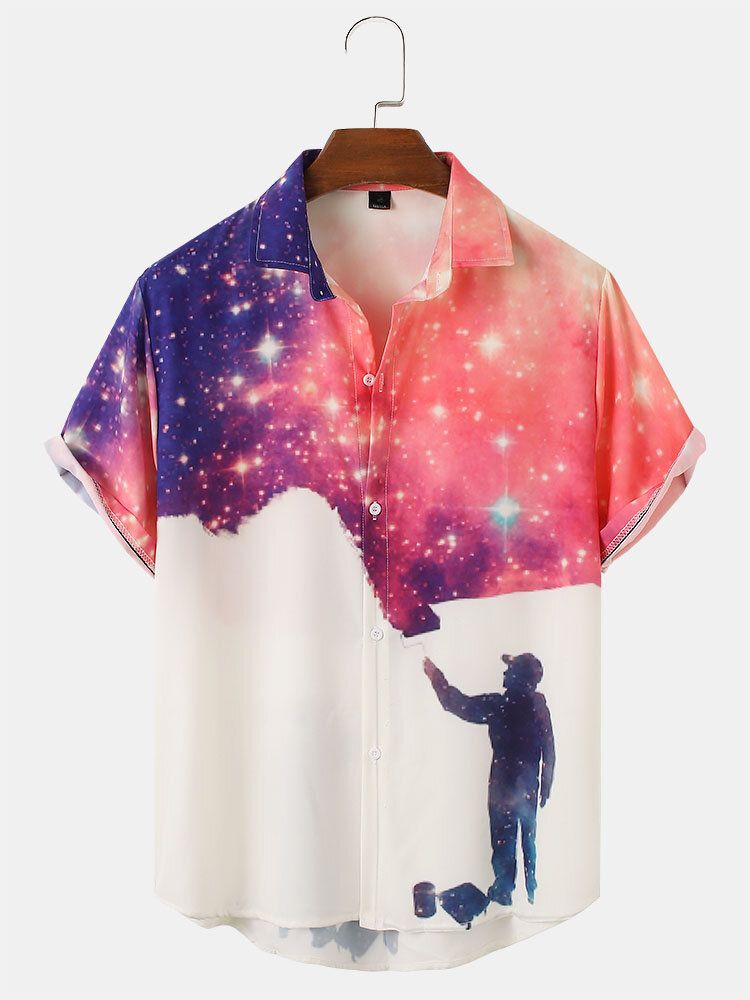 Hombre Design Galaxy Print Figure Patterm Lapel Camisetas De Manga Corta