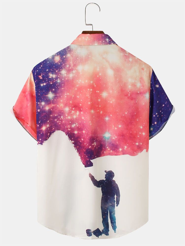 Hombre Design Galaxy Print Figure Patterm Lapel Camisetas De Manga Corta