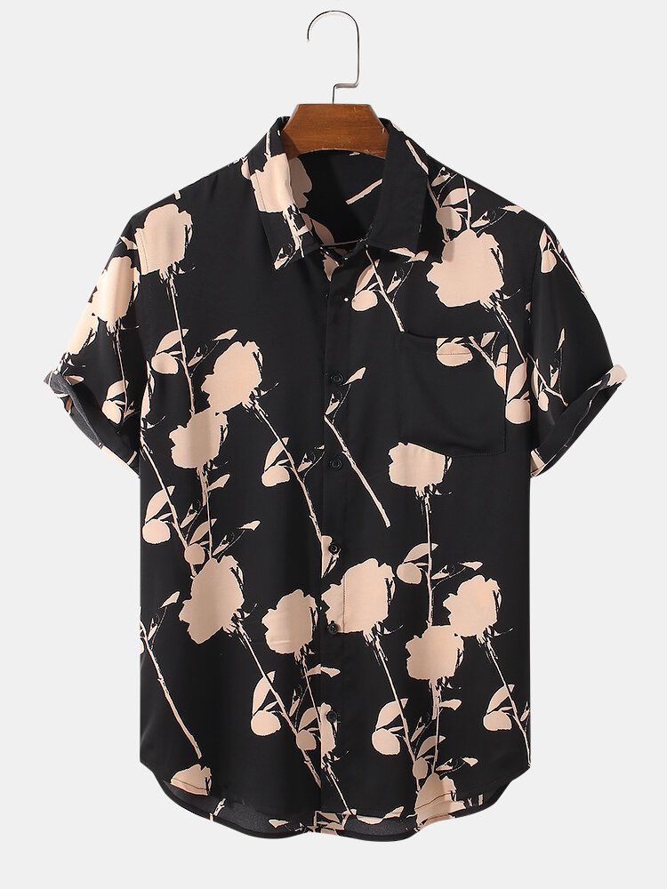 Mnes Camisa De Manga Corta Con Solapa Y Bolsillo Con Estampado De Flores